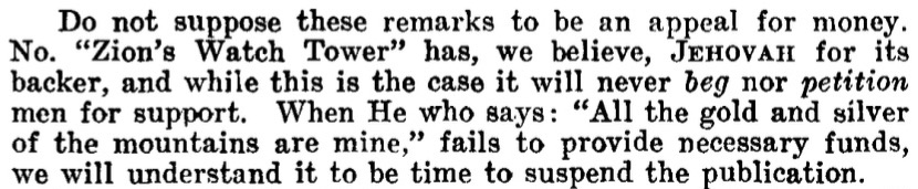 Watch Tower 1879 — nunca mendigar dinero